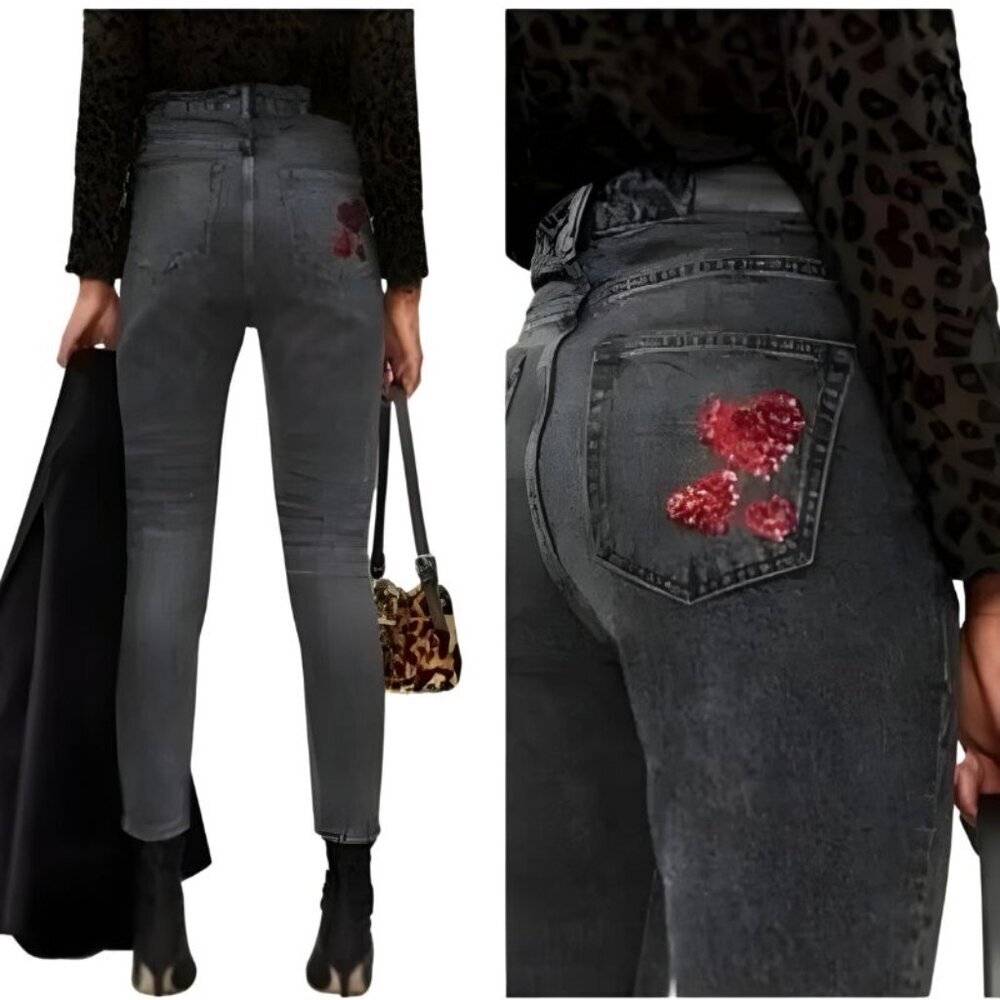The Kooples Lizy Black Stonewash Ankle Jeans Sequin Hearts Pocket Size 26